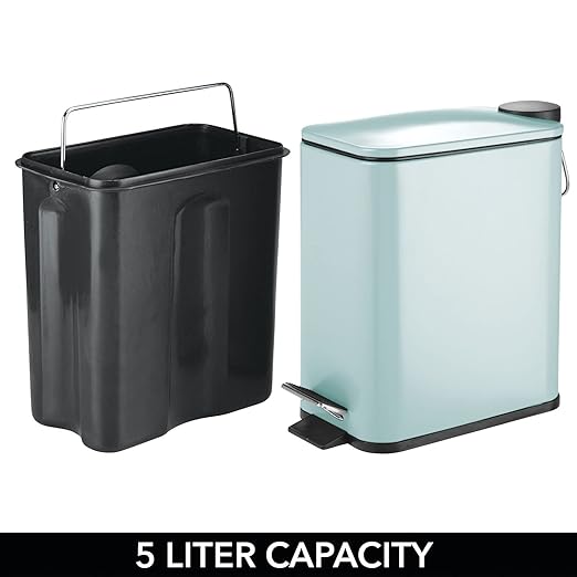 mDesign Slim Metal Rectangle 1.3 Gallon/5 Liter Trash Can with Step Pedal Easy-Close Lid Removable Liner - Narrow Wastebasket Garbage Container Bin for Bathroom Bedroom Kitchen - Matte Mint Green
