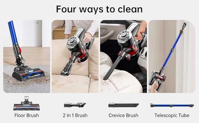 Cordless Stick Vacuum Blue 45 Min Runtime LED Headlights 2-Speed Telescopic Tube with Main Vacuum Brush Crevice Tool dust Brush Removable-Rechargeable Battery Pack with Charging Cord
