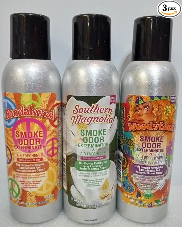Smoke Odor Exterminator 198 gm/ 7 oz Large Spray Sandalwood Set of Three Cans. includes Southern Magnolia &amp Woodstock.
