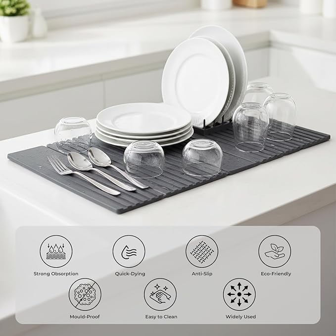 Stone Dish Drying Mat - Foldable Quick-Drying Diatomaceous Earth Anti-Slip Mat for Kitchen Counter Absorbent &amp Eco-Friendly Drying Mat Kitchen Counter
