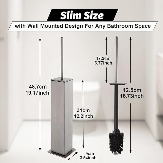 BGL Toilet Brush with Holder Set Brushed Nickel Aluminium Standing for Bathroom Toilet Bowl Cleaner Brush and Holder Set Square Design