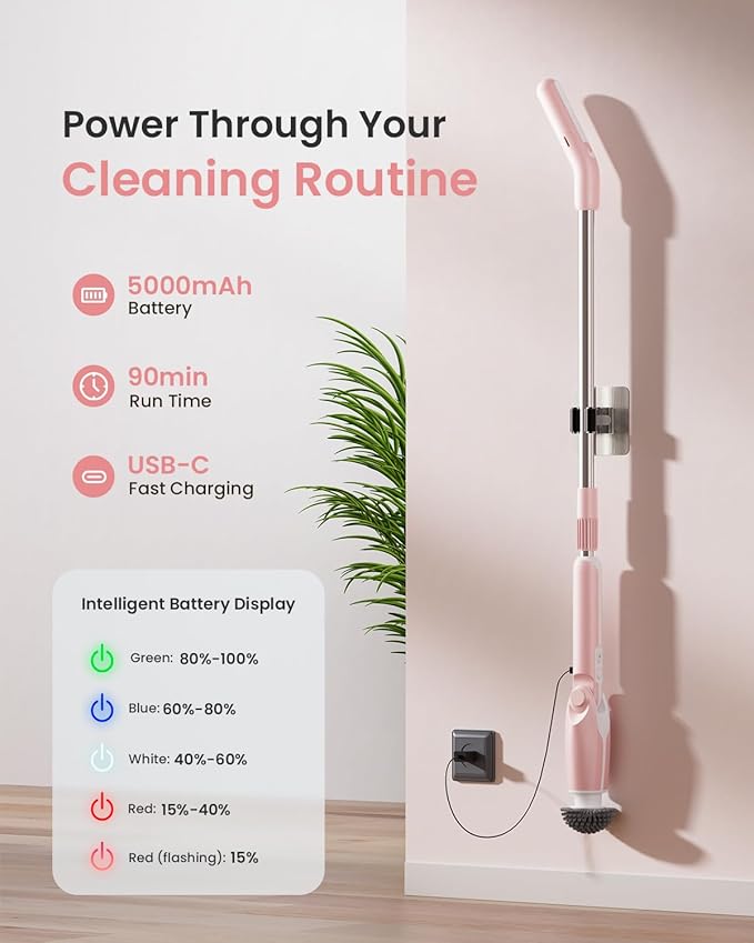 Leebein Electric Spin Scrubber Shower Scrubber with 4 Adjustable Angles and 8 Brush Heads Electric Scrubber with Long Handle &amp Remote Controller Cleaning Brush for Bathroom Tub Floor (Pink)