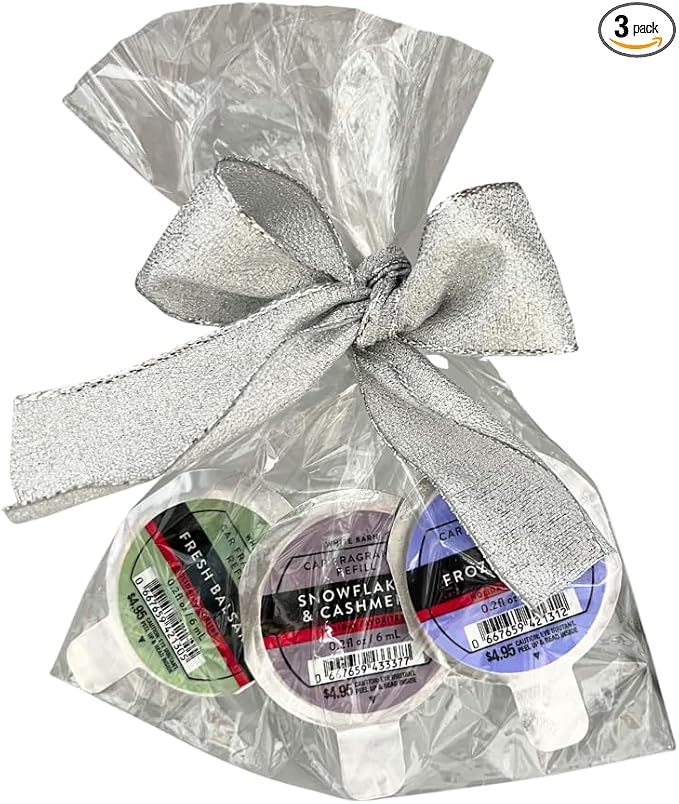 Bath &amp Body Works SNOWFLAKES &amp CASHMERE FROZEN LAKE &amp FRESH BALSAM Car Fragrance Refill 3-Pack – 0.2 fl oz Each – Winter &amp Holiday Scents – Gift set with 20-Inch Metallic Silver Ribbo