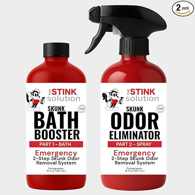 The Stink Solution Skunk Odor Eliminator for Dogs Natural Skunk Smell Remover Kit 16 oz Bath Booster &amp 16 oz Pomegranate Spray Pet Safe Skunk Odor Remover Skunk Deodorizer &amp Skunk Spray Neutr