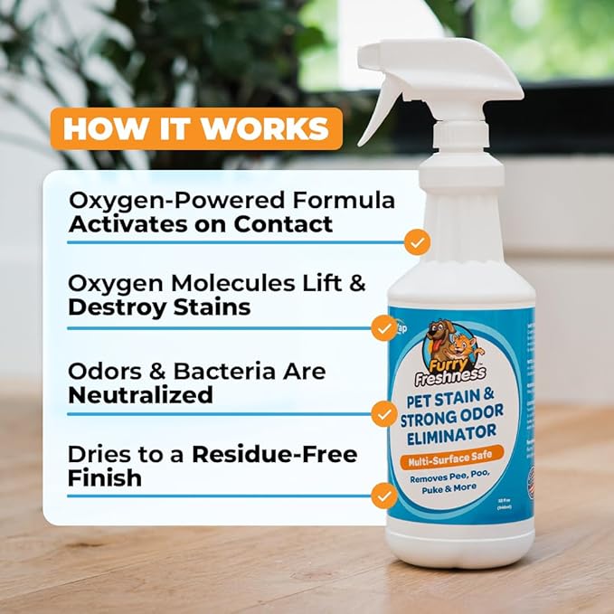 FurryFreshness Extra Strength Cat or Dog Pee Stain &amp Permanent Odor Remover + Smell Eliminator -Removes Stains from Pets &amp Kids Including Urine or Blood- Lifts Old Carpet Stains- (Gallon)