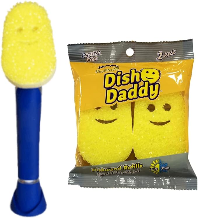 Scrub Daddy Dish Daddy Dish Wand &amp Refill Heads Soap Dispensing Dish Brush Texture Changing Washing Up Sponge With Liquid Handle Dish Sponge with Built-in Scraper &amp Scrubbing Head Drip sta