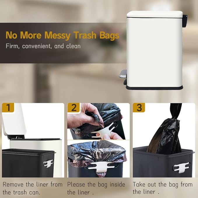Bathroom Trash Can 2.6 Gallon Trash Can with Lid Stainless Steel Pedal Trash Bin with Removable Liner for Bathroom Bedroom Kitchen Office10 Liter White Garbage Can