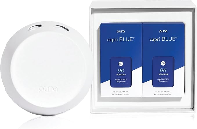 Capri Blue x Pura 4 - Smart Fragrance Diffuser Plug in Kit - Includes 1 Pura Diffuser + 2 Fragrance Refill Vials - Long Lasting Scents - LED Light - 2.4 GHz WiFi Required (Volcano)