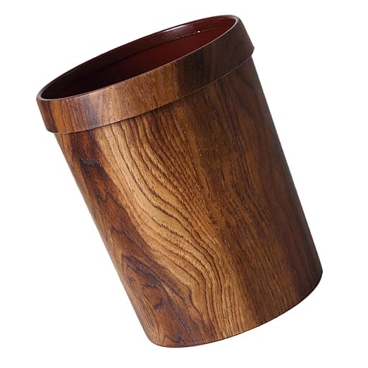Wakauto Wood Grain Trash Can 14L Plastic Garbage Container with Press Ring Lid for Hotel Rooms Office and Living Room Wastebasket