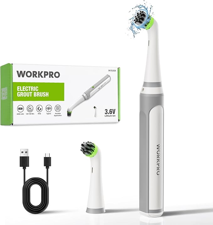WORKPRO Cordless Grout Brush Set 5500RPM Power Scrubber IPX6 Waterproof Electric Scrubber with Type-C Charging Cable and Replaceable Brush Heads for Cleaning Grout Tiles Grime and Crevices