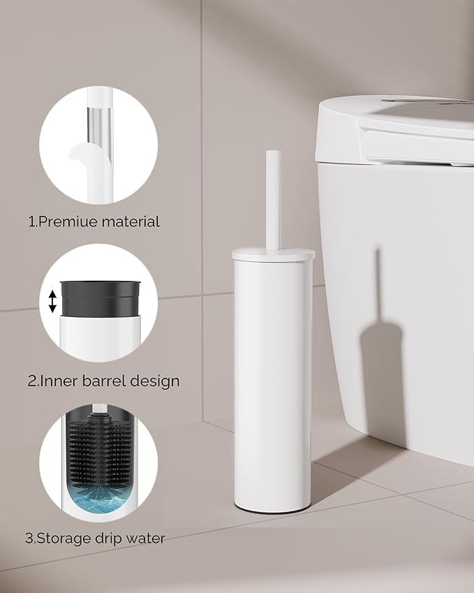 Toilet Brush and Holder Set Stainless Steel Toilet Bowl Brush with Lid Rust Proof Toilet Cleaner Brush with Caddy Durable Bristles Splash Proof Ideal for Bathroom（1 Pack White）