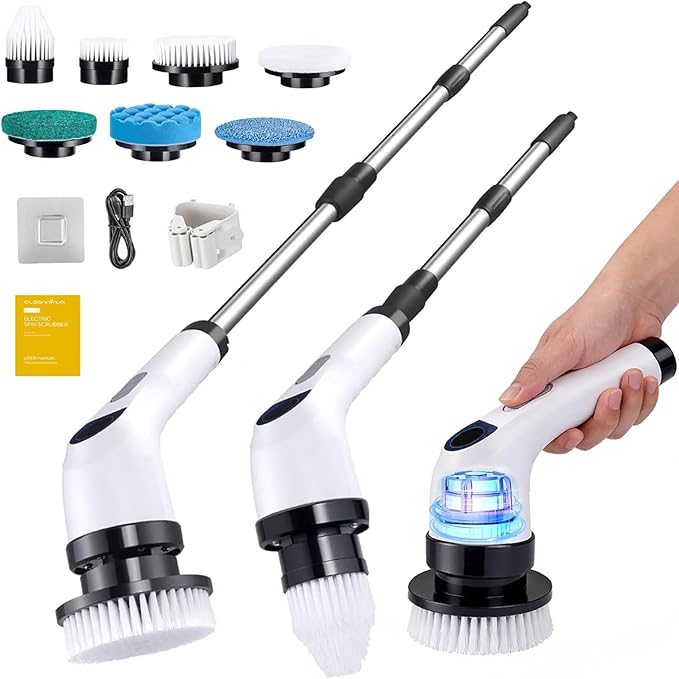 Electric Spin Scrubber for Cleaning Adjustable Shower Brush with 7 Replaceable Heads &amp Power LED Display 2 Speed Waterproof Cordless Shower Scrubber for Bathtub Kitchen Car White