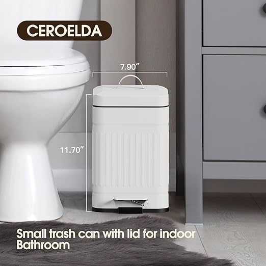 CEROELDA Small Trash Can with Lid-5L/1.3 Gal Stainless Steel Outdoor Dog Poop Garbage Can-Farmhouse Retro Metal Waste Bin w/Step Pedal for Bathroom Bedroom Office-Soft Close-White