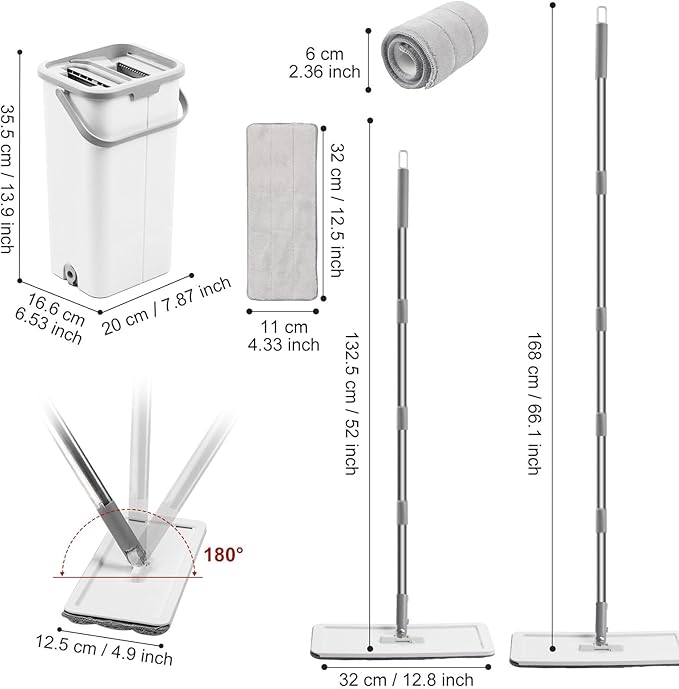 Flat Floor Mop and Bucket Set with Wringer Flat Mops for Floor Cleaning Wall Mop Cleaner with Long Handle Hardwood Floor Mop with 3 Microfiber Pads (F)