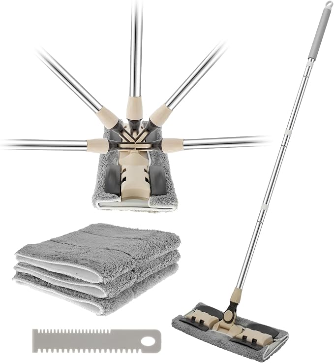 Microfiber Dust Mop with Adjustable Handle360 ° Rotating Floor Cleaning Mop with 3 Replacement Mop Pads Scraper 32inch Long Handle Flat Floor Mops Wet or Dry Microfiber Cleaning Mop for Floor