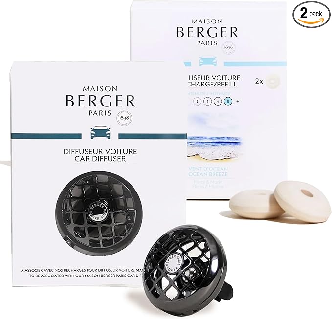 MAISON BERGER Luxury Car Air Freshener Bundle – Resonance Gunmetal Vent Clip Diffuser + 2 Ocean Breeze Ceramic Pods (4-6 Week Scent) French-Made Refillable System Adjustable Fragrance
