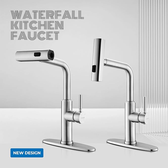 WEWE Waterfall Kitchen Faucet with Pull Down Sprayer 3 Modes(Sweep/Stream/Waterfall) Rotary Switch Mode Stainless Steel Kitchen Sink Faucet Single Lever Handle Brushed Nickel Sink Fuacet