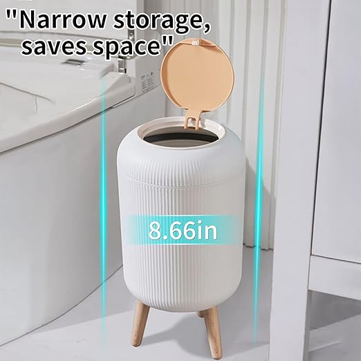Trash Can With Lid for Bathroom 2 Gallon/10 Liter Round Garbage Bin With Press Top Plastic Modern Wastebasket With Soft Close Container for Bedroom Living Room Office (White)