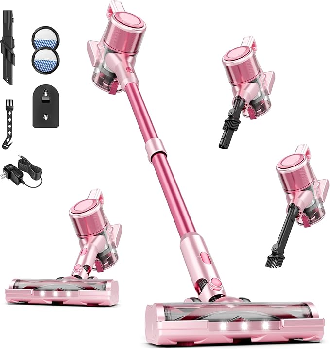 Cordless Vacuum Cleaner 8 in 1 40Kpa 55MinsLightweight Vacuum Cleaners for Home Stick Vacuum with Anti-Tangle BrushWall Mount Rechargeable Cordless Vacuum for Floor/Sofa/Pet HairPink
