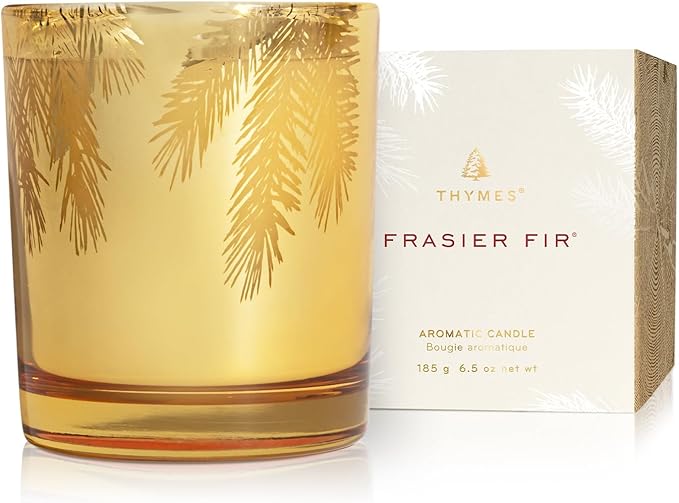 Thymes Frasier Fir Candle – Pine Needle Design – Holiday Scented Candle – Notes of Crisp Siberian Fir Cedarwood &amp Sandalwood – Luxury Home Fragrance Gifts for Women &amp Men – Gold (Gilded 6.5