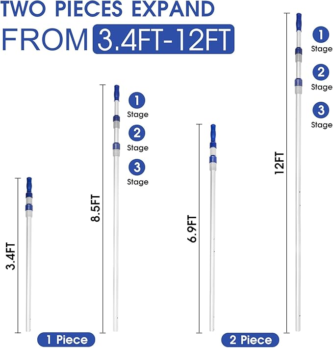 Poolvio 12 FT Telescopic Swimming Pool Pole - Adjustable 2 Piece Aluminum Pool Pole for Pool Cleaning Skimmer Nets Vacuum Heads &amp Brushes Strong Grip &amp Lock