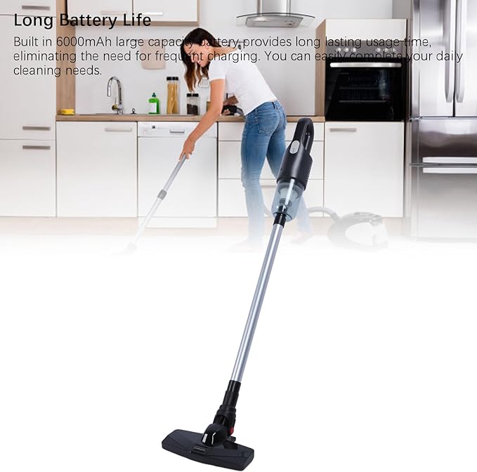Powerful Lightweight Cordless Stick Vacuum Cleaner Efficient Suction 6000mAh Battery Portable Floor Cleaner (Black)