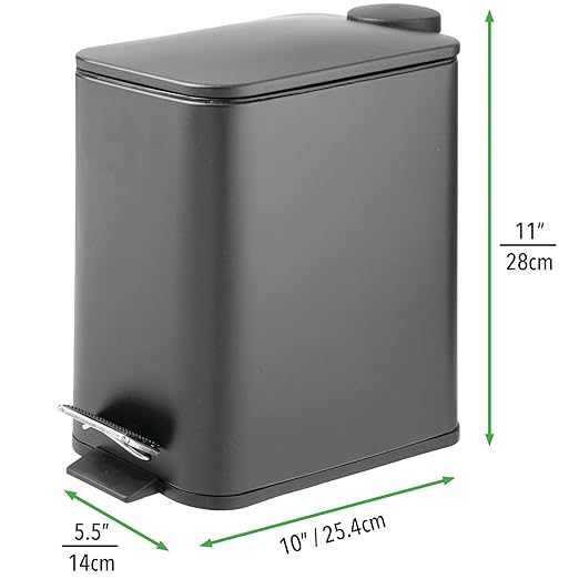 mDesign Rectangular Pedal Bin – 5 L Metal Waste Bin with Pedal Lid and Plastic Bucket Insert – Household Rubbish Bin for Bathroom Kitchen and Office – Dark Grey