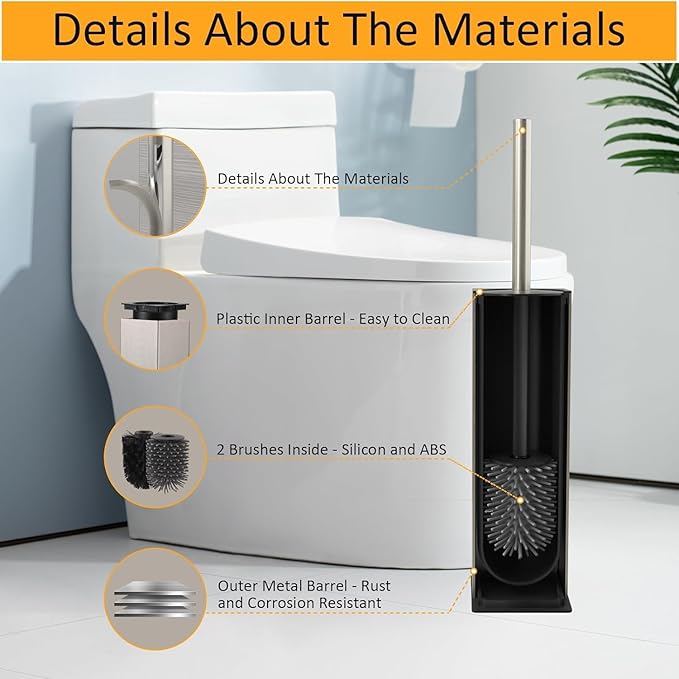 BGL Toilet Brush and Holder Set Brushed Nickel Aluminium Freestanding Toilet Bowl Cleaner Brush and Holder for Bathroom Storage and Organization Square Design Sturdy and Space Saving