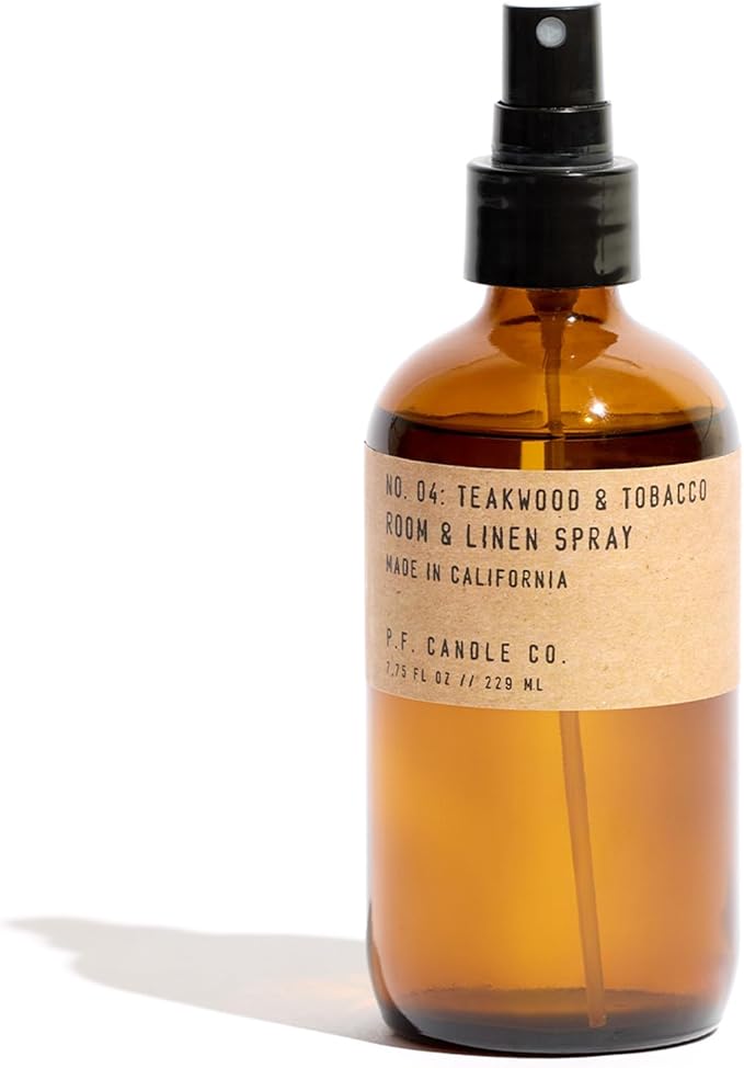 P.F. Candle Co. Teakwood &amp Tobacco Scented Room &amp Linen Spray (7.75 fl oz) Amber Glass Bottle Fine Fragrance Oil Quick Fabric and Air Refresher Made In The U.S.A.