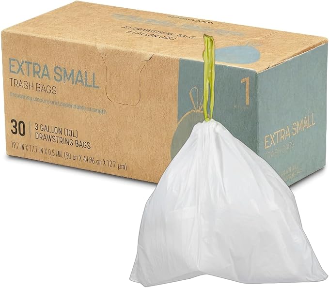 Trash Bags 30 Count White Drawstring Waste Bags | Leak-Resistant Tear-Resistant Unscented | For Bathroom Office Bedroom Bins (20 x 17.7in)