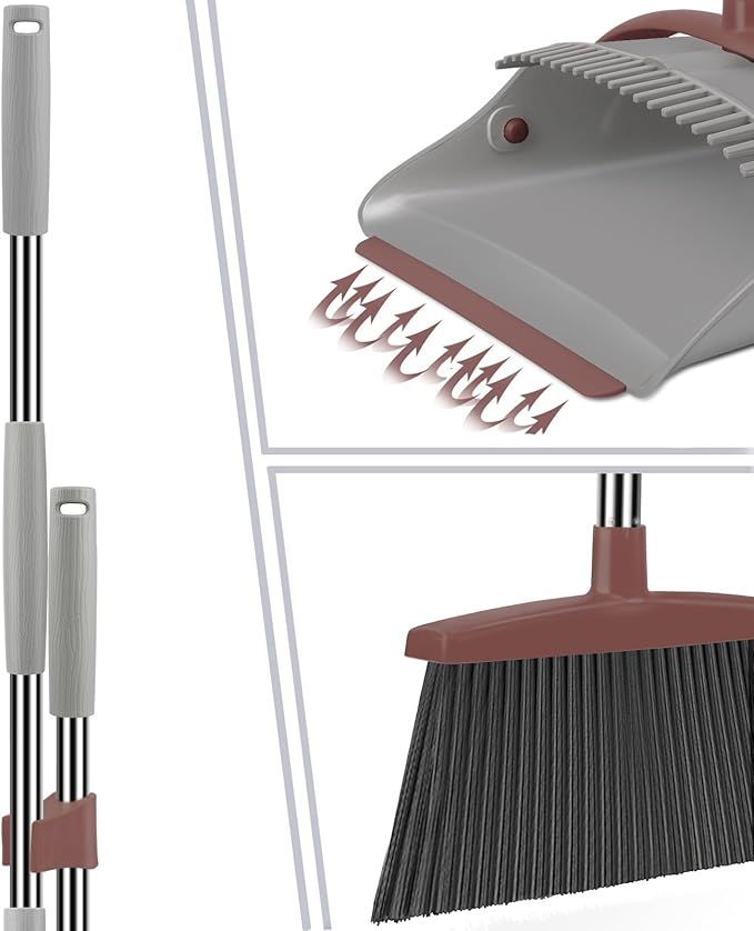 Ivandar Broom with Dustpan Combo Set 50.6 inch Long Handle Upright Standing Broom and Dustpan Set Quiet Cleaning Tool Sweep The Floor Dust pan Removes 4 Times More Pet Hair(Brown and Gray)