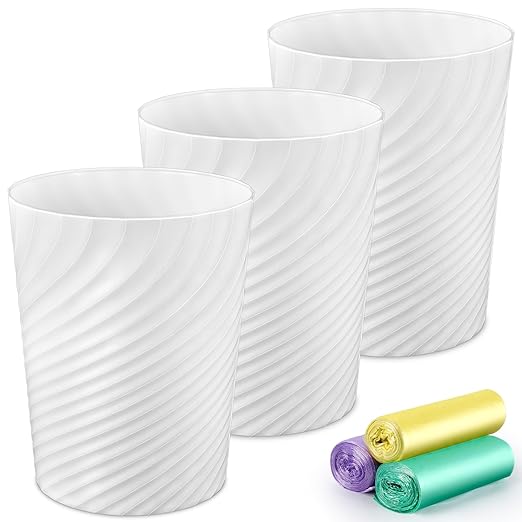 3 Pack Bathroom Trash Can 1.8 Gallons Round Waste Basket Small Trash Bin for Bedroom Plastic Garbage Can with 3 Bags for Office Bathroom Living Room Dorms Kitchen White