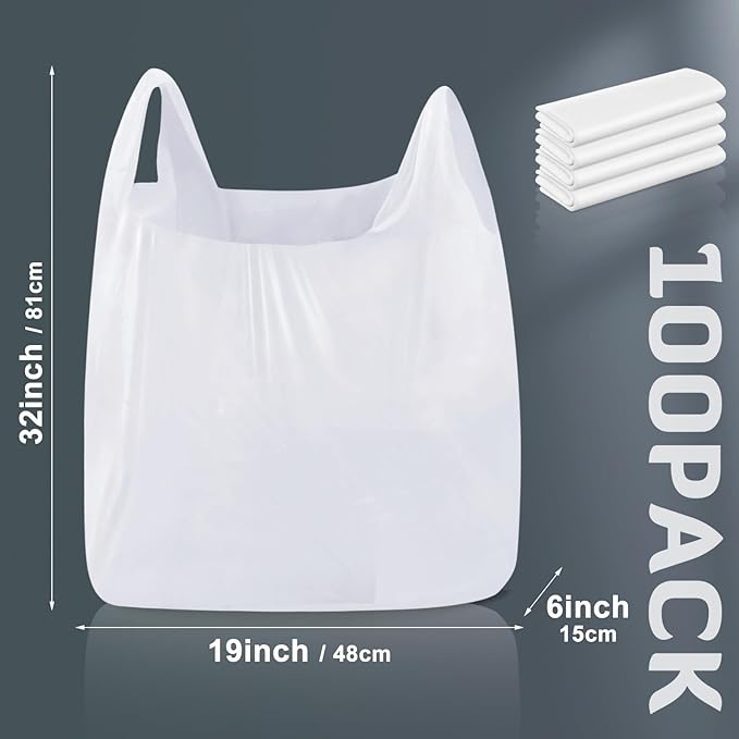 100 Pack 32 x 19 x 6 Extra Large White Plastic Shopping Bags(0.8 Mil Thick) Reusable Heavy Duty Large T-shirt Grocery Bags Bulk with Handles for Restaurant Retail Business