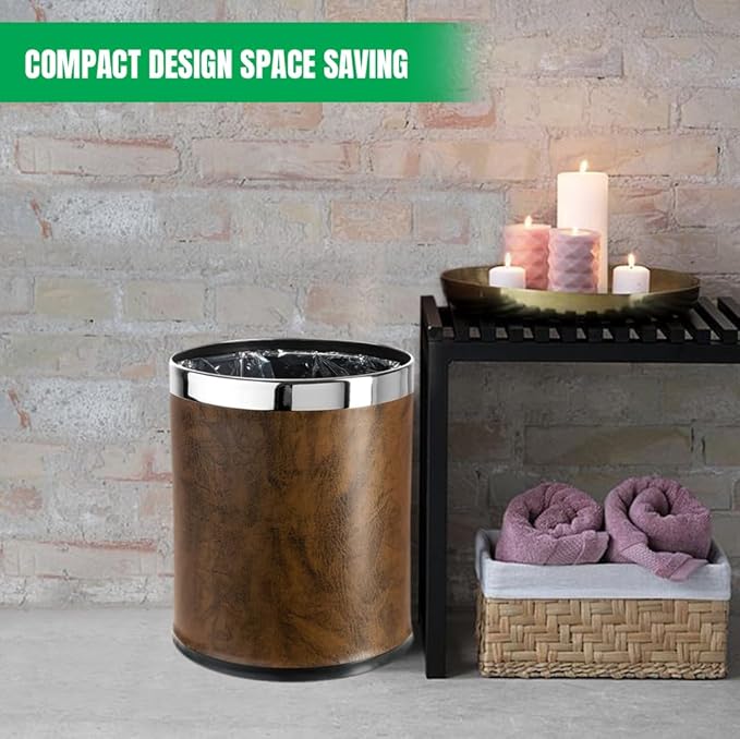 'Invisi-Overlap' Open top Leatherette Trash Can Small Office Wastebasket Modern Home Décor Round Shape (Brown)