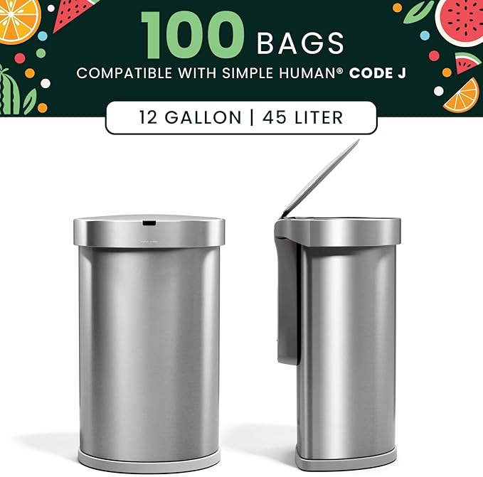 Bags for Code J simplehuman Garbage Cans | Extra Thick Trash Liner with 45 Liter Capacity and Folded Drawstring |100 Unscented Bags