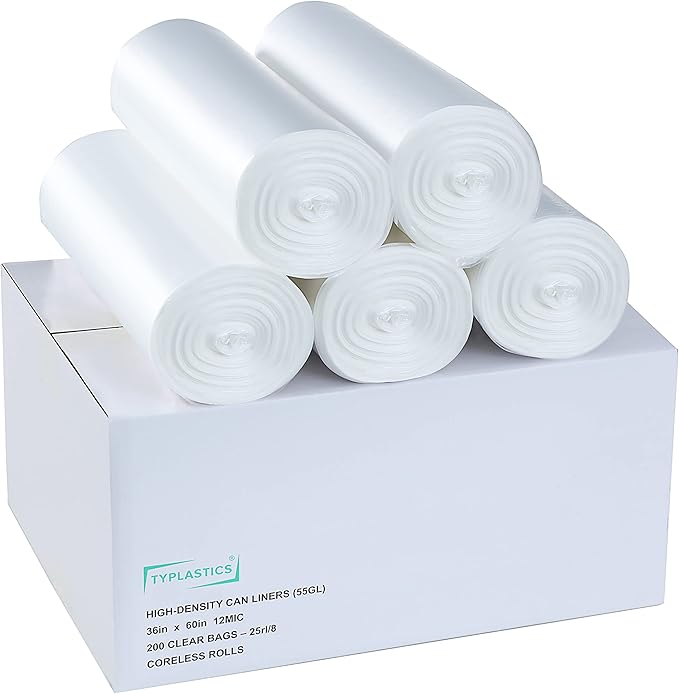 TYPLASTICS 55 Gallon Clear Trash Can Liners - 36 x 60 - High Density Garbage Bags - Case of 200 - Multipurpose for Office Outdoor Recycling Industrial and Commercial (Pack of 2)