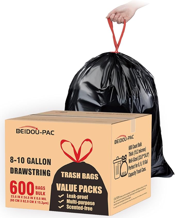 8-10 Gallon Trash Bags Drawstring 600 Count Bulk Black &amp Unscented Multi-purpose Garbage Bags for Business Home Bathroom Kitchen Commercial and Industrial