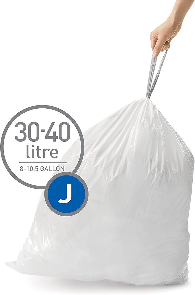 simplehuman Code J 60 Count Dispenser Pack Custom Fit Liners Drawstring Trash Bags 30-45 Liter / 8-12 Gallon White