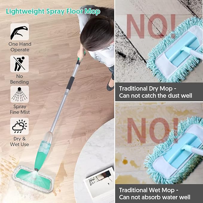 Spray Mop for Floor Cleaning TINA&ampTONY Microfiber Hardwood Dry Wet Kitchen Mop with 3 Washable Pads &amp 635ML Refillable Bottle Dust Mop with Sprayer for Laminate Tile Vinyl Floors Green