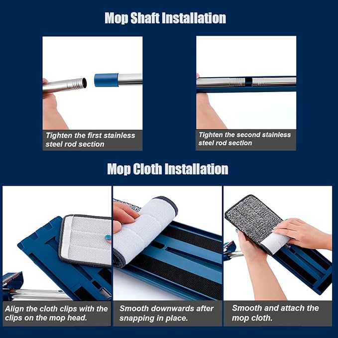 Large Flat Mop 360° Rotatable Cleaning Mop Self Wringing Flat Mops Microfiber Flat Mop with Stainless Steel Handle Tile Hardwood Floors Windows Quick Clean(4pcs)