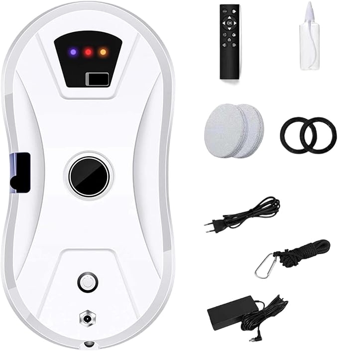 Automatic Smart Window Cleaning Robot with Single Water Spray 5600Pa Suction Multiple Cleaning Modes &amp Remote Control UPS Backup &amp Safety Rope for High Windows Mirrors and Tiles (White)