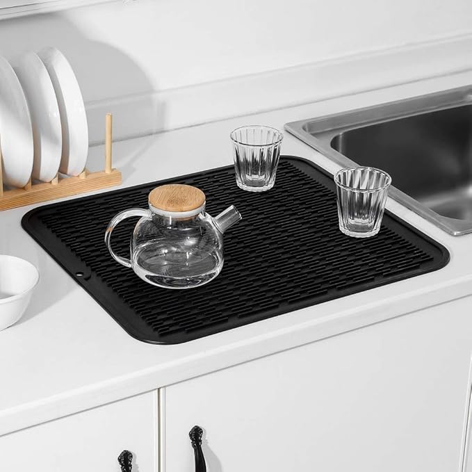 MicoYang Silicone Dish Drying Mat for Multiple UsageEasy cleanEco-friendlyHeat-resistant Silicone Mat for Kitchen Counter or SinkRefrigerator or Drawer Liner Black XL 18 inches x 16 inches