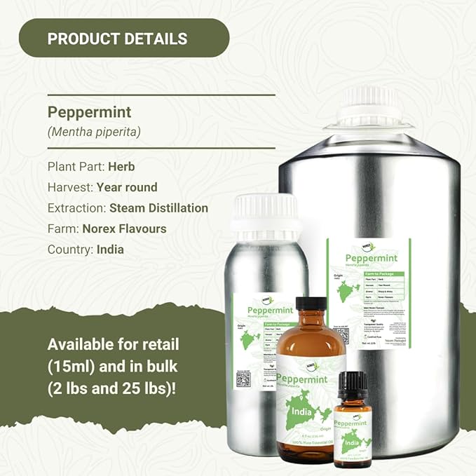 Peppermint Essential Oil - Direct from Norex Flavours India - Steam Distilled - Aceite Esencial de Menta for Aromatherapy Massage Diffuser DIY Candle and Soap Making - 2lbs
