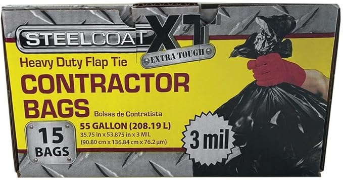 Steelcoat XL 55-Gallon Contractor Trash Bags – Extra Tough 3 Mil Heavy Duty Flap Tie – 15 Count Black – Made in USA
