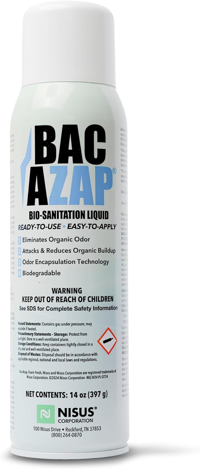 Nisus Bac-Azap Odor Eliminator Ready-to-Use Bio-Sanitization Liquid Neutralizes Organic Waste Odors Safe for Plumbing 14 Oz