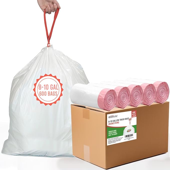 8-10 Gallon Trash Bags Drawstring 600 Count White &amp Unscented Medium Garbage Can Liners