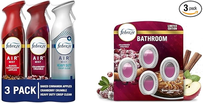 Febreze Air Effects Odor-Fighting Air Freshener Spray + Plug In Alternative Apple Cider Cranberry Tart Heavy Duty Crisp Clean &amp Baked Cinnamon Apples &amp Cranberry Crumble Scent 8.8 oz 3-Pac