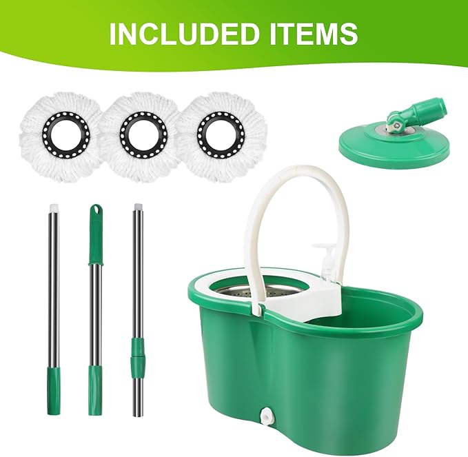 Spin Mop and Bucket with Wringer Set 360°Spin Mop &amp Bucket Floor Cleaning System Mop Bucket with Adjustable Extended Handle 3 Microfiber Replacement Head Refills Green
