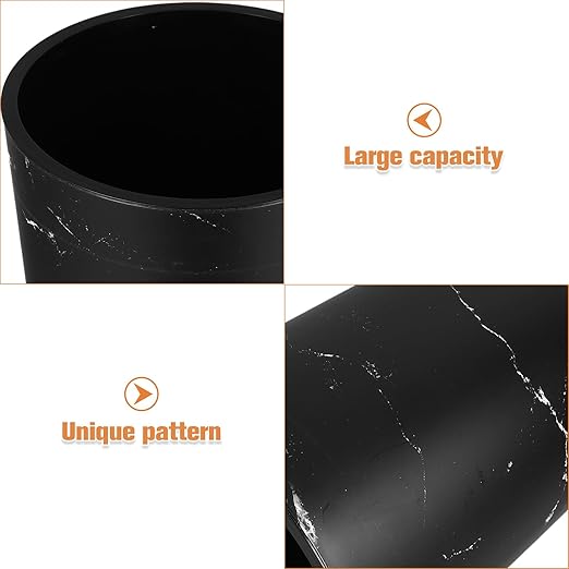 Black Marble Small Wastebasket with Press Ring Plastic Home Office Trash Can for Bathroom Storage and Recycling