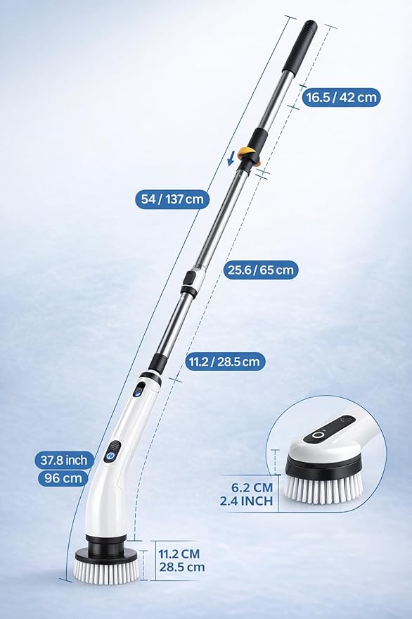Electric Spin Scrubber Cordless Cleaning Brush - 8 Replaceable Brush Heads-90Mins Work Time 3 Adjustable Size 2 Speeds for Bathroom Shower Bathtub Glass Car with 18W Fast Charger Included (White)